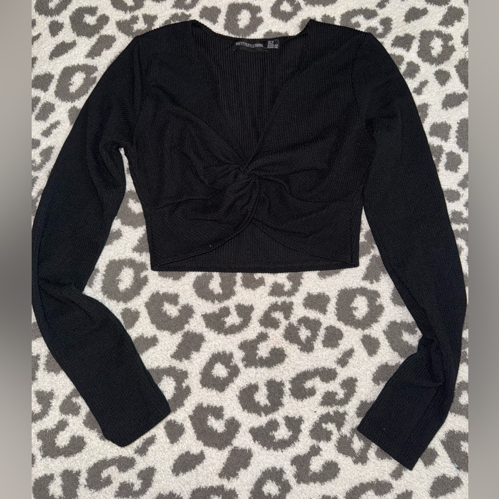 PrettyLittleThing Black Long Sleeve Tie Front Crop Top